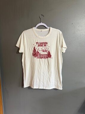 Maurices Cream Short-Sleeve Graphic Tee with Red Cabin Print